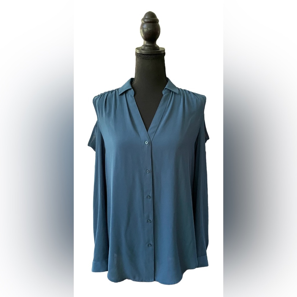 Candie’s: V Neck Teal Cold Shoulder Blouse with Beaded Embellished Shoulders